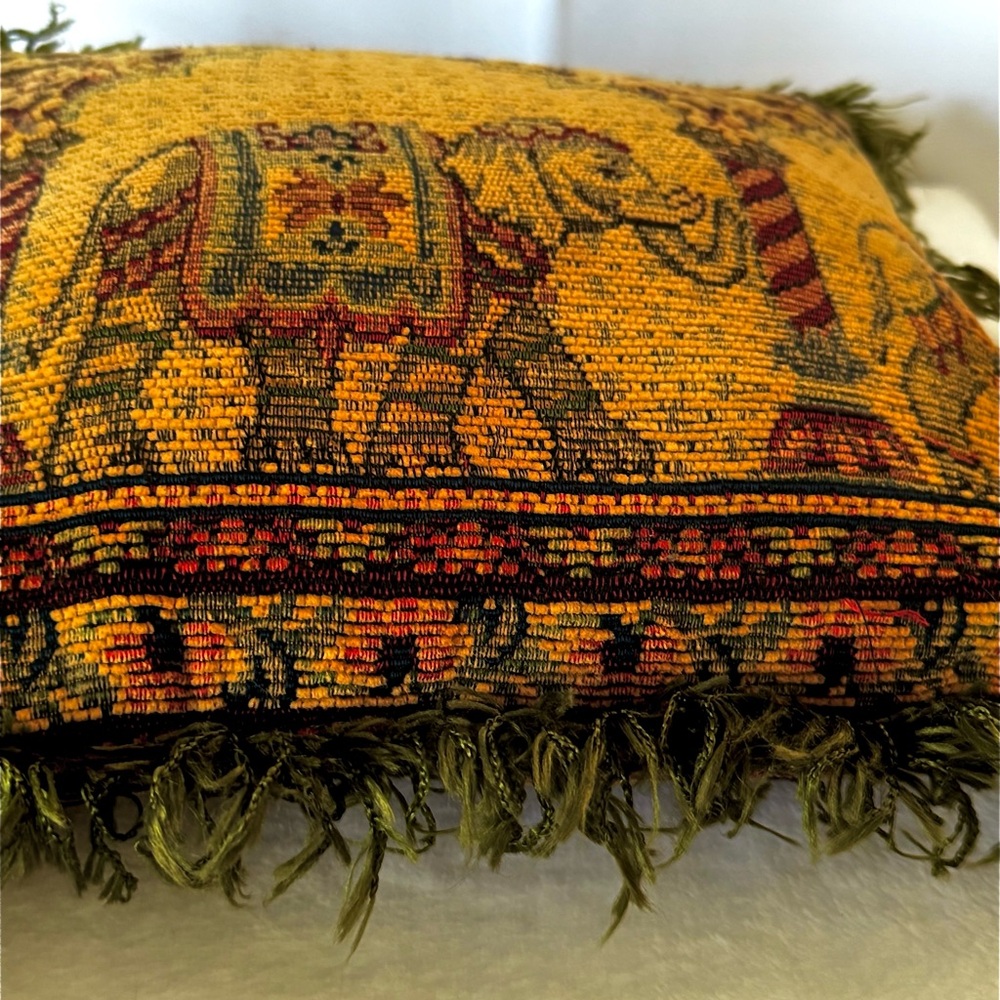 Vintage Decorative Elephant Tapestry Pillow Green Burgundy Square 11.5” Fringe - Picture 9 of 12